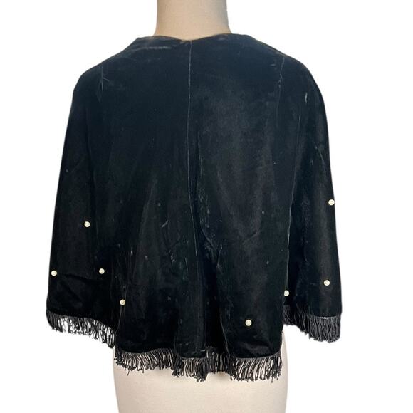 Black Velvet Shawl with Pearl Embellishments and Tassel Fringe Satin Inside O/S - Picture 2 of 8
